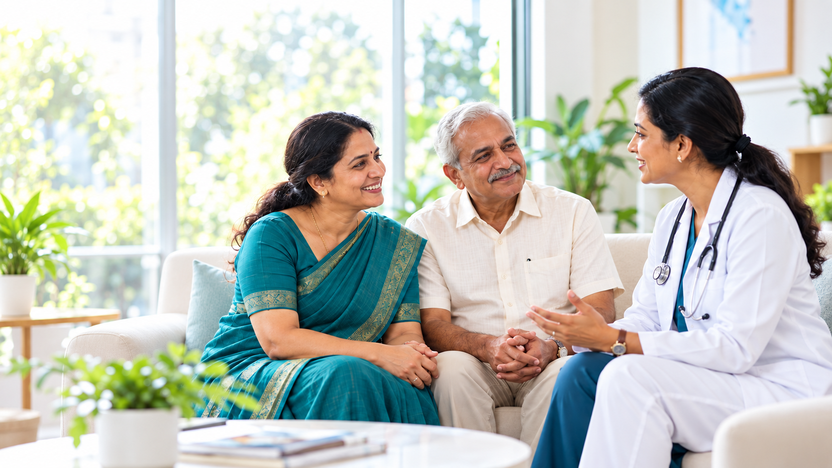 A family talking with a healthcare professional; AI-created cover illustration